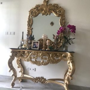 Gold Glass Frame Carved Consul Table Modern Clasic 1